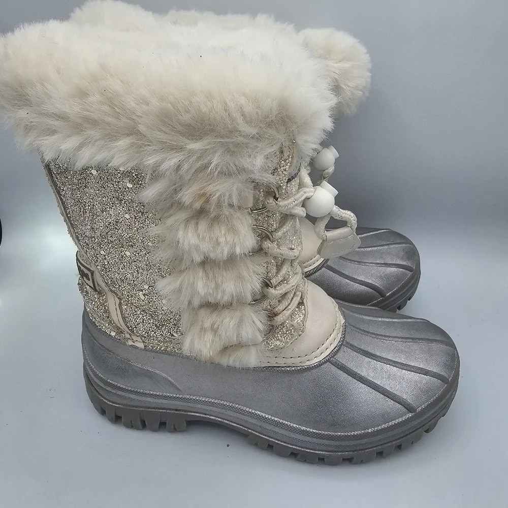 London Fog Girls Collection Winter Boots Sparkly Shine Fur Boots Gray white